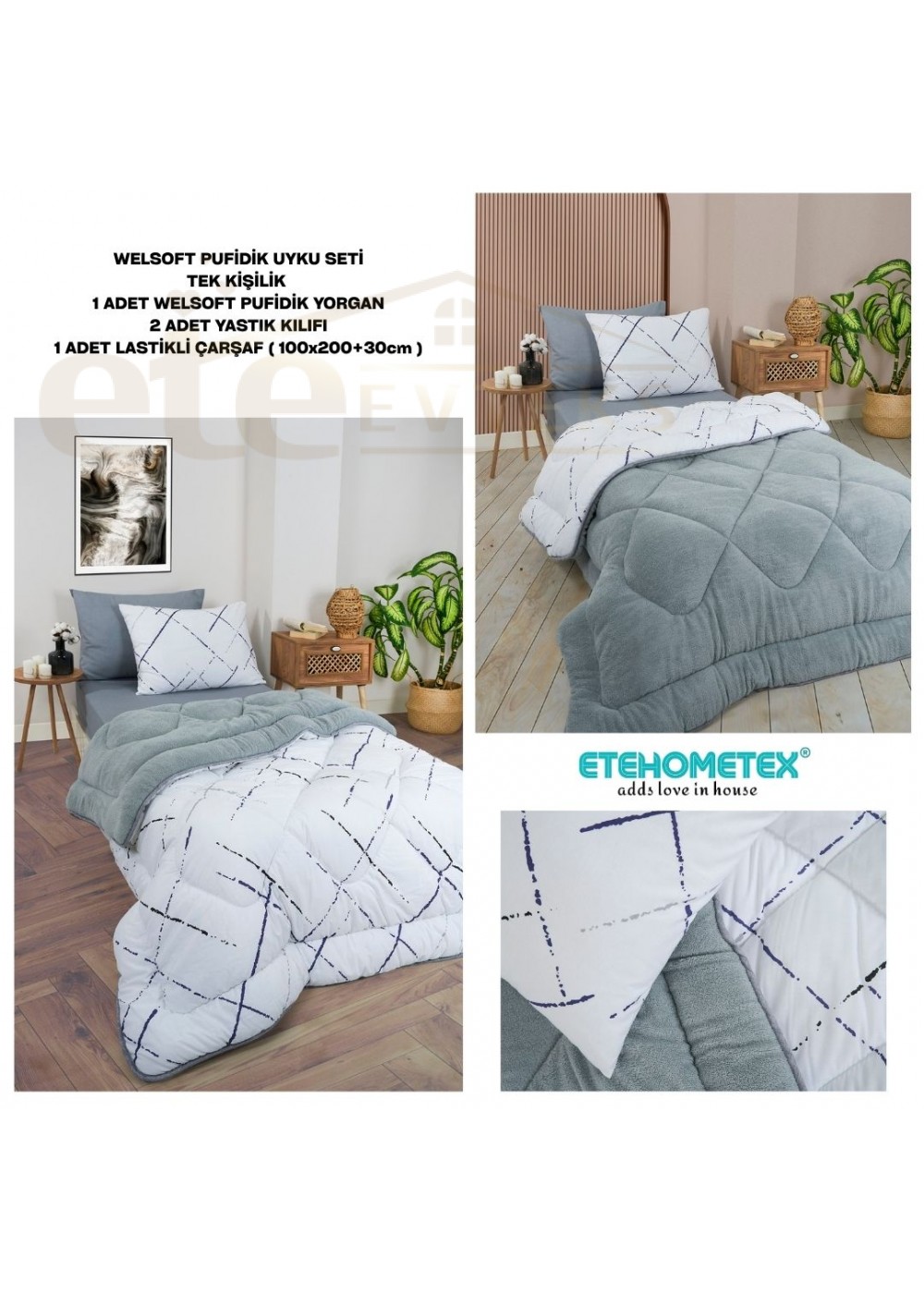 ETE HOMETEX TEK KİŞİLİK WELSOFT UYKU SETİ YANSIMA GRİ 8696474232024